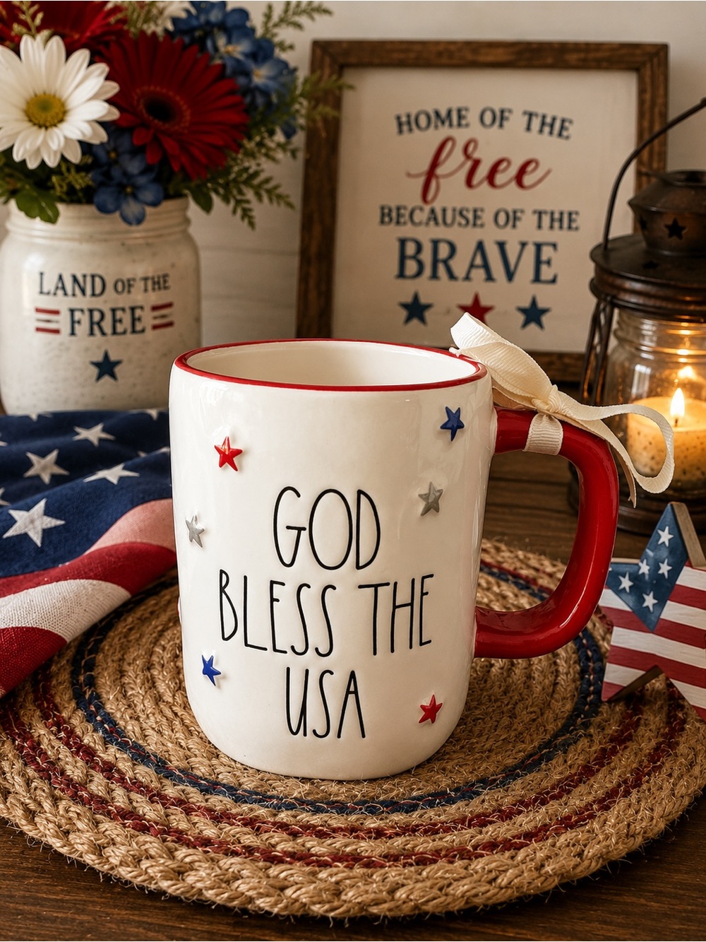 Patriotic 'God Bless The USA' Red & White Ceramic Mug - Country Home Dining